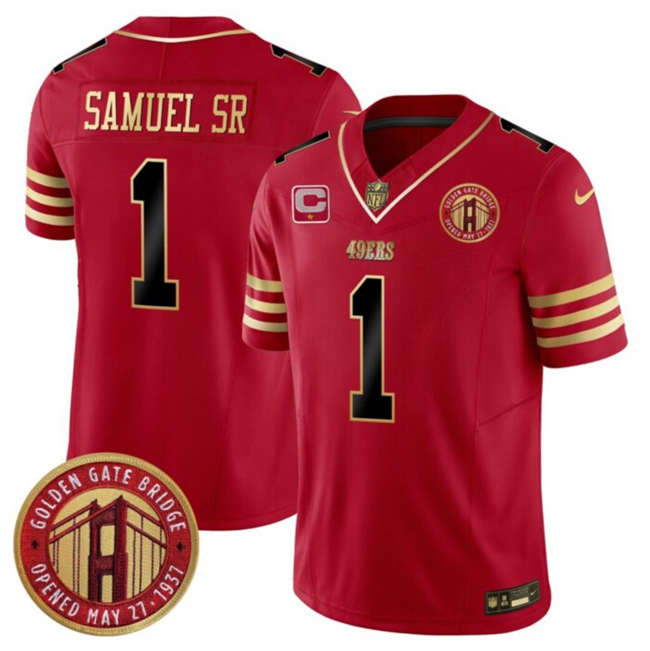 Men's San Francisco 49ers #1 Deebo Samuel Sr. Red F.U.S.E. With 1-Star C Patch And Golden Gate Bridge Patch Balck Scarlet Vapor Limited Football Stitched Jersey